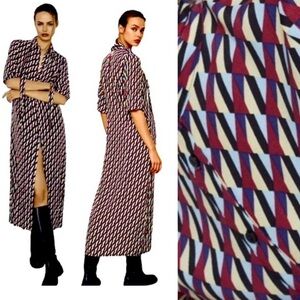 NWT Zara Maxi Dress Sussy Geo Print Multicolor Button Front With tie neck Medium